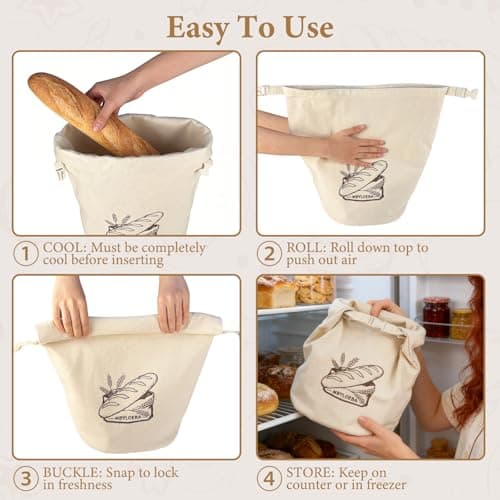 Sourdough Bread Bags for Homemade Bread, 16oz Heavy Canvas Stand-Up Artisan Loaf Keeper, Hard Bottom Bread Box Alternative with Odor-Free TPU Lining, Farmhouse Beige - Thumbnail 6