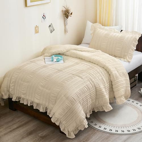 WONGS BEDDING Beige Comforter Set Full, 3 Pieces Ruffle Shabby Chic Comforter for Dorm Room Essentials for Full Bed, Soft Seersucker Bedding Set with 1 Comforter, 2 Tufted Pillowcases 90"×78"