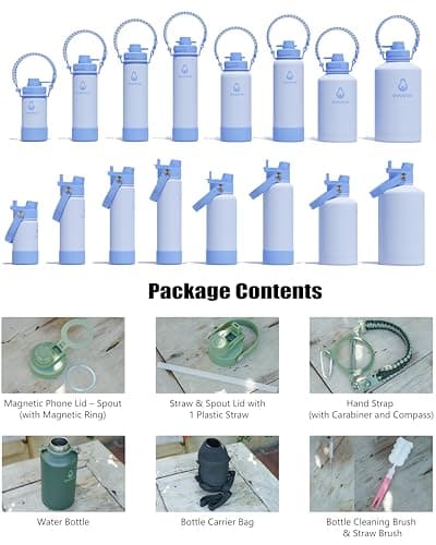 avodvo 64 oz Water Bottle with 2 Lids (2-in-1 Straw & Spout Lid, Magnetic Lid), Insulated Water Bottle with Strap, Stainless Steel Water Bottle for Hiking, Gym, Travel, BPA-Free, Light Blue - Thumbnail 2
