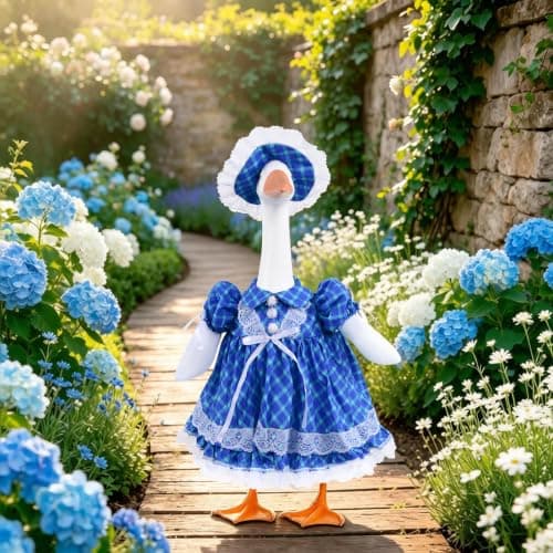 Sukione Blue Plaid Porch Goose Outfits, Summer Vintage Lawn Goose Clothes for 23" Cement Goose Statue, Cute Lace Dress with Hat for Outdoor Garden Patio Yard Art Decorations - Thumbnail 2