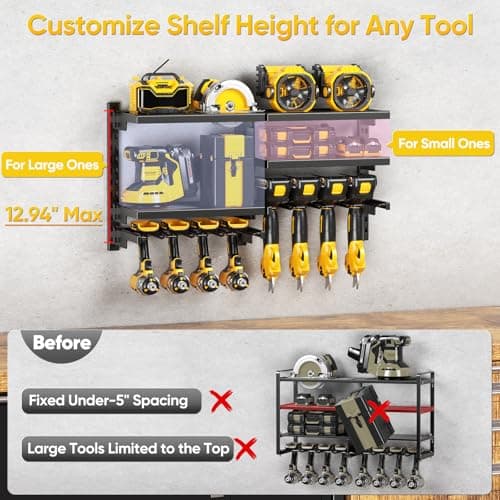 POKIPO Large Modular Power Tool Organizer Wall Mount With 6 Adjustable Shelf, Heavy Duty Iron Tool Storage Rack Loads 300lbs with 8 Cordless Tools Drill Holder,Battery Utility Rack for Garage Workshop - Thumbnail 3