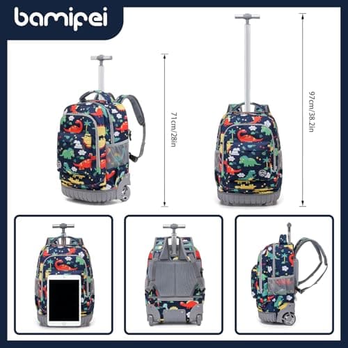 BAMIFEI 18 Inch Dinosaur Rolling Backpack for Boys, Dinosaur Wheeled Backpack Roller Backpacks Kids Backpack School Backpack, Spacious Multiple Compartments Quiet Wheels Travel Backpack for Kids - Thumbnail 3
