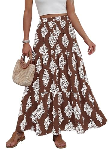 BTFBM Maxi Skirts for Women Summer Outfits Elastic High Waist A Line Boho Beach Vacation Cruise Floral Long Skirt 2026(Brown White Flower, Medium) - Image 1