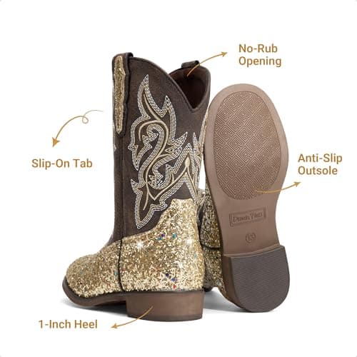 DREAM PAIRS Girls Cowgirl Boots Glitter Toddler Cowboy Boots Child Mid Calf Riding Shoes Party Birthday Dress Up for Toddler/Little/Big Kid,Size 11 Little Kid,Gold,SKMB26002K - Thumbnail 4