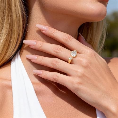 KSF Ring for Women,14K Gold Plated Pear Cubic Zirconia Open Ring Size 7 - Thumbnail 2