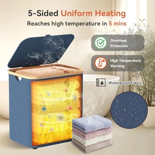 Towel Warmer & Laundry Basket 2-IN-1, Foldable Towel Warmer for Bathroom with Removable Heating Bag, 20/40/60Mins Fast Heating, Auto Shut-Off, Portbale Towel Warmer Fits 3 Large Towels Blankets - Blue - Thumbnail 5