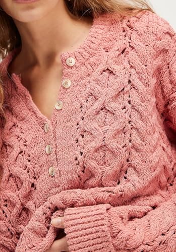 Jenkoon Women's Cable Knit Sweater Oversized Crop Knit Pullover Chunky Crew Neck Long Bell Sleeves Button Front Sweaters(Pink,XL) - Thumbnail 5