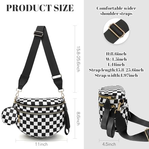 WOOMADA Checkered Crossbody Bag Bum Bag for Women, Spacious Nylon Fanny with Removable Wallets(2pcs-Black Checkerboard) - Thumbnail 2