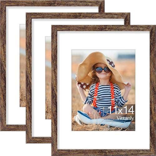 Vittanly 11x14 Picture Frame Set of 3, Display Pictures 8x10 with Mat or 11x14 without Mat for Wall Mounting or Tabletop, Photo Frames for Home Decor, Engineered Wood, Brown - Image 1