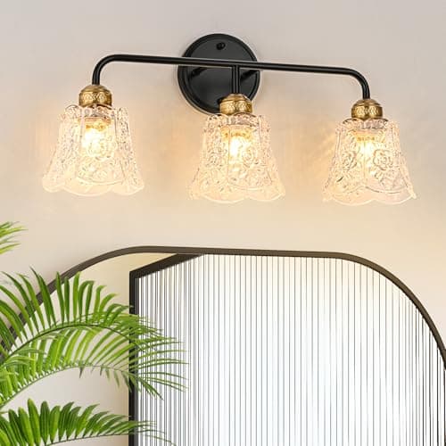 YUNICE 3 Light Bathroom Vanity Light Fixtures Brushed Black and Gold Wall Sconce with White Glass Shade E26 Base Vintage Mirror Lights for Bathroom, Bedroom Antique Brass Wall Lamp - Image 1