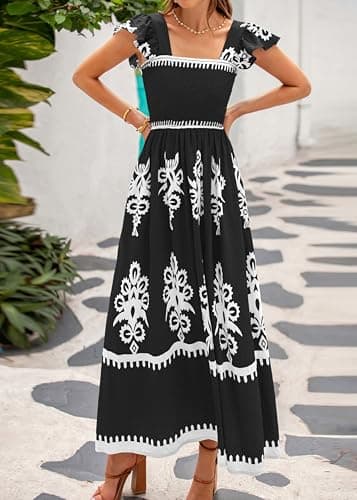 BTFBM Summer Dresses for Women 2026 Casual Floral Boho Sleeveless Square Neck A Line Flowy Beach Maxi Sundress Pockets(Black White Flower, Medium) - Thumbnail 6