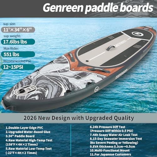 Genreen Paddle Board Stand up Inflatable SUP 11'x34' Thickened PVC 3 People 5 Grips 3 Fins Double Layer Edge 450LBS Multi Mount x2 Fishing Ink Teal - Thumbnail 2