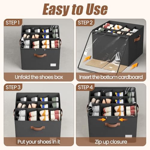 PHINOX Shoe Organizer for Closet, 2 Pack Fabric Shoe Organizer Storage Box, Shoe Storage Containers with Clear Cover, Closet Shoe Storage for Boots Sandals Slippers,Fits 16-32 Pairs, Black - Thumbnail 6
