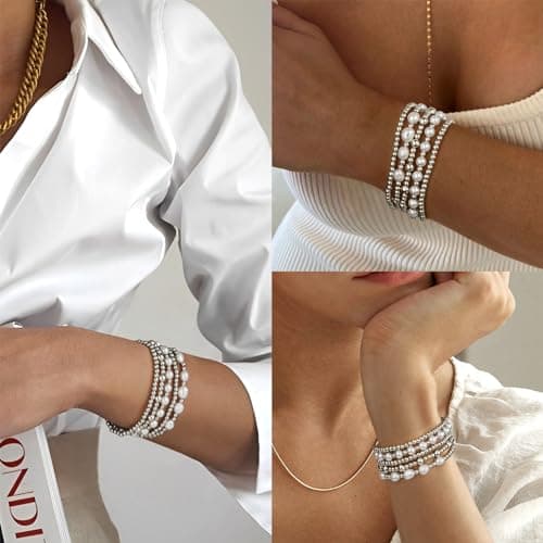 adoyi Silver Beaded Bracelets for Women, 14K Gold Plated Bead Bracelets Stack Trendy Stackable Bracelet Set Strand Stretch Pearl Ball Bracelet Bracelet Set Jewelry Set for Women Gift - Thumbnail 4