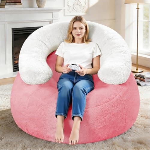 HABUTWAY Giant Bean Bag Chair, Oversized Beanbag Chair with Filler, Ultra Soft Faux Fur Bean Bag Lounge Floor Sofa w/U-Shaped Pillow for Gaming, Reading, Pink & Beige - Thumbnail 2