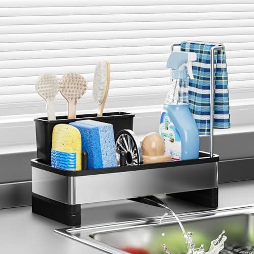 Ewaiira Stainless Steel Sink Caddy, Sponge Holder for Kitchen Sink with Brush Holder and Towel Rack, Sink Organizer for Countertop, Soap Dispenser Kitchen Organizers Storage Essentials (A-Black) - Image 1
