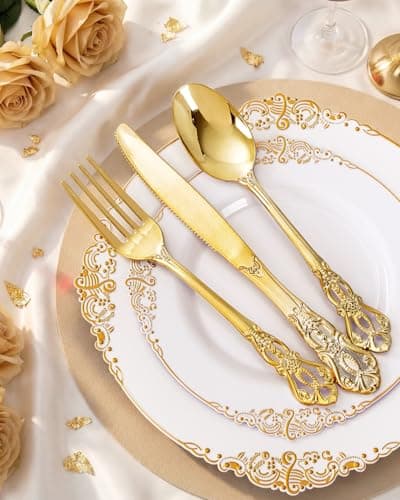 Ciaell 300PCS White and Gold Plastic Plates - Gold Disposable Dinnerware Sets for 50 Guests - 100 Plates, 50 Knives, 50 Forks, 50 Spoons, and 50 Napkins for Wedding, Anniversary, Party - Thumbnail 3