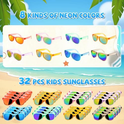 Resuar Party Favors Kids Sunglasses Bulk - Boys Girls Birthday Goodie Bags for Children Age 3-8, UV 400 Protection Neon Sunglasses Great Gifts Goody Bag Stuffers for Kids Party (32 Pack) - Thumbnail 2