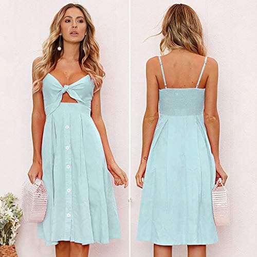 ECOWISH Women Summer Dresses Tie Front V-Neck Spaghetti Strap Button Down A-Line Backless Swing Midi Dress 809 Light Green XL - Thumbnail 4