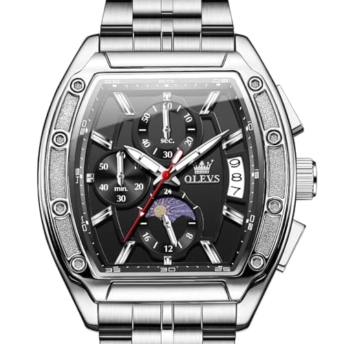 OLEVS Men's Silver Stainless Steel Large Rectangle Black Face - Image 1