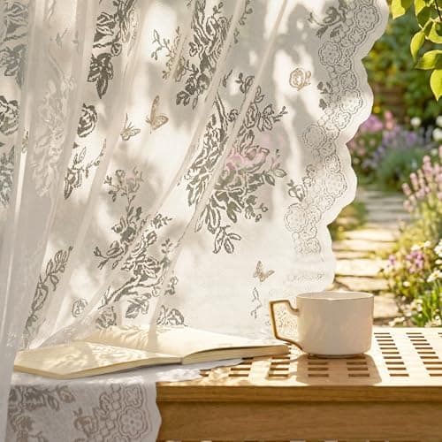 NICETOWN Outdoor Sheer Curtains for Patio 2 Panels, Rose & Butterfly Embroidered Lace Curtains for Garden, Exquisite Wavy Edge Waterproof Rod Pocket Chic Gazebo Decoration, Ivory White, W54 x L84 in - Image 1
