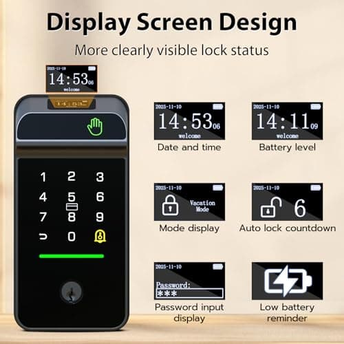 Keyless Entry Door Lock Palm Vein, Bestkid Smart Lock for Front Door with Wireless Doorbell Built-in WiFi, Biometric Deadbolt App Remote Alexa Control Auto Lock Rechargeable Battery - Thumbnail 5