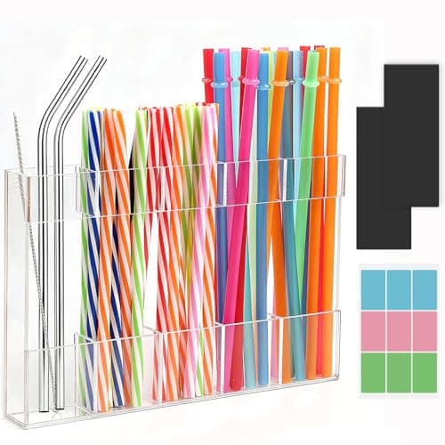 Seaflash Acrylic Magnetic Straw Holder, Straw Organizer Dispenser with Two Pieces Magnet Sheets, Drinking Straw Storage Holder for Cabinet Door Fridge Counter Kitchen Office (Transparent)