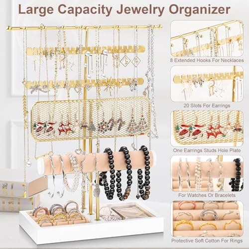 Dntorx 3 Tier Jewelry Stand Holder Organizer, Jewelry Holder Storage Display T Bar Beige Velvet Bracelet Holder Jewelry Tower for Necklace, Earrings, Bracelet, Rings, Watches - Thumbnail 3