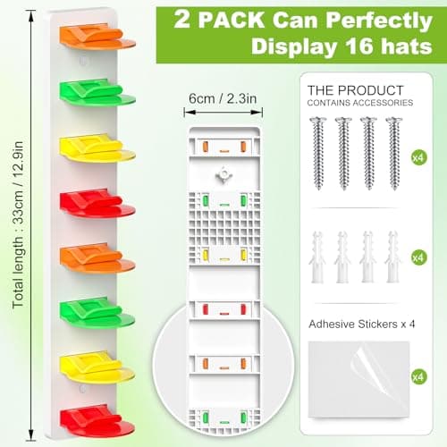 Haiou 2 Pack Hat Organizer for Baseball Caps Strong Adhesive Hat Rack for Wall Multilayer Hat Storage Display Holder Wall Mounted Hat Hooks Hold up to 16 Hats for Closet Door and Bedroom, Multicolor - Thumbnail 5
