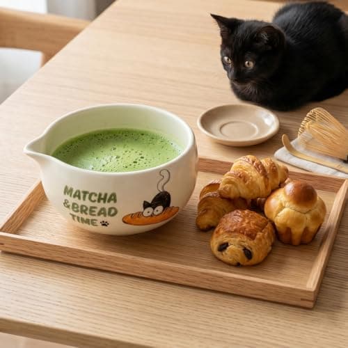 KOIMYSA Matcha Whisk Set with Cat and Bread Pattern, Traditional Authentic Matcha Whisk Kit With Ceramic Spout Bowl, Bamboo Whisk & Stainless Steel Sifter, Chasen and Chashaku - Thumbnail 4