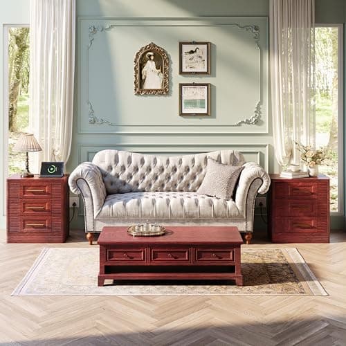 RECHHX 3 Drawer Dresser for Bedroom, 25.6" Tall Nightstand with Charging Station, Farmhouse 23.6" Wide End Table, Thermoformed Curved Small Chest of Drawers for Bedroom, Living Room, Cherry - Thumbnail 3