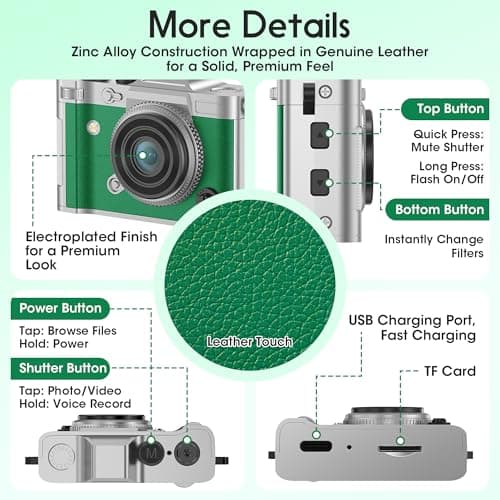 Dienspeak Pocket Mini Camera, Y2K Retro Keychain Digital Camera with Leather Body, Small Portable 2K HD Video Recorder with 16GB Card, Tiny Vintage Camcorder for Travel Vlogging Camera, Green - Thumbnail 6