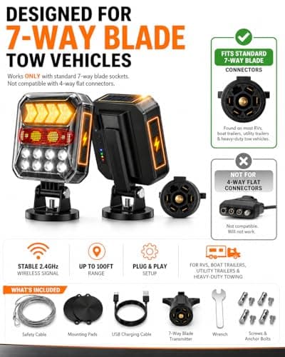 Solar Wireless Trailer Lights - Turn/Brake/Tail/Reverse Modes, Magnetic Towing Lights with Reflectors, 100FT 2.4GHz, USB-C Rechargeable, IPX6 Waterproof for Truck, Boat, RV - Thumbnail 2