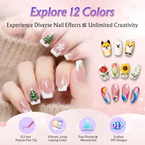 12 Colors Nail Art Pens Set, 0.5mm Fine Tip Nail Polish Markers, Quick Dry Waterproof Acrylic Paint Pens for Gel Design Abstract Lines Doodle, Mistake-Proof DIY Manicure Kit Beginners Teens Women - Thumbnail 4