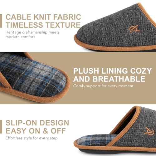 VeraCosy Men's Knitted Scottish Slippers with Soft Memory Foam Non Slip Indoor Rubber Sole Black,9-10 US - Thumbnail 4