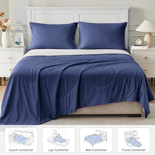 HOMFINE Cooling Comforter for Hot Sleepers - Both Sides Q-Max>0.45 Arc-Chill Cooling Fiber for All-Season, Breathable Soft Keep Cool Summer Blanket for Bed Couch Sofa, Dark Blue, Twin - Thumbnail 6