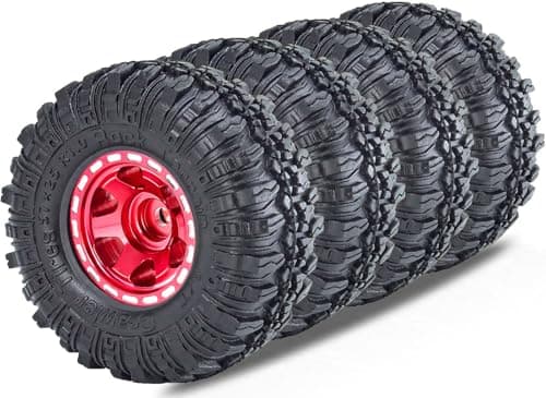 RcThjia 1.0 Beadlock Wheels and Tires Set 57 x 24 mm 1.0 inch Rubber Rock Crawler Tires & Alloy Blade Wheels for 1/18 1/24 Axial SCX24 TRX4M Gladiator Bronco C10 JLU Deadbolt RC Crawler Upgrade (Red) - Image 1