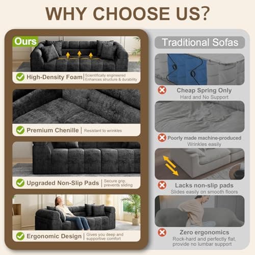 Modular Sectional Sofa Cloud Couch, Boneless Sleeper Bed for Living Room with No Assembly, Deep Seat & Pillows, Loveseat Configurations with Ergo Support & Storage Pocket, Grey - Thumbnail 3