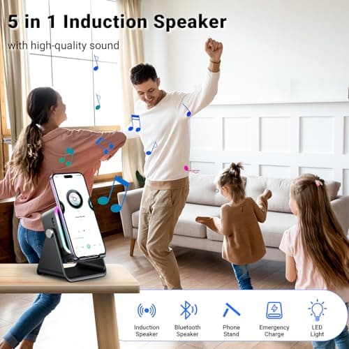 Induction Speaker with Phone Stand 5 in 1 Wireless Induction Bluetooth Audio for iPhone Android Phone Speakers Amplifier with Rechargeable Colorful Light, Birthday Gifts for Men Women Teens (Black) - Thumbnail 2
