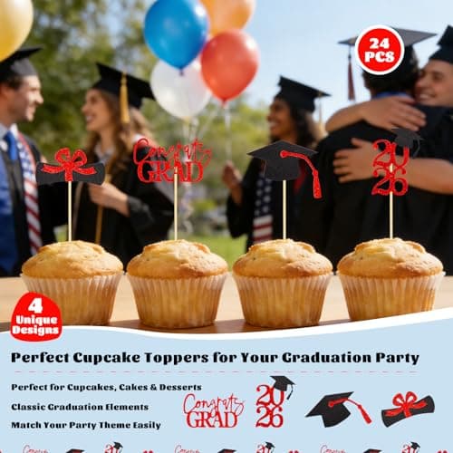 Oeyliz Graduation Cupcake Toppers 2026 Graduation Theme Cupcake Toppers Glitter 2026 Grad Cap Congrats Grad Diploma Cupcakes Toppers 24 PCS For 2026 Graduation Cake Decorations Supplies Red - Thumbnail 2