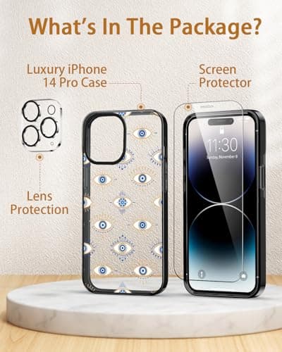 Sholbrak [3 in 1 Designed for iPhone 14 Pro Case Cute Evil Eye Pattern Protective Phone Case Cover 6.1" Screen Protector + Camera Lens Protector【2X Military Grade Drop Tested / 6.6ft Drop Protection】 - Thumbnail 6