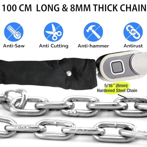 Chain Lock with Key eLinkSmart Waterproof Bicycle 100CM Chain Lock for Bike Scooter Motorcycle Door Fence Gate Fingerprint Bluetooth App Heavy Duty Outdoor Security - Thumbnail 2
