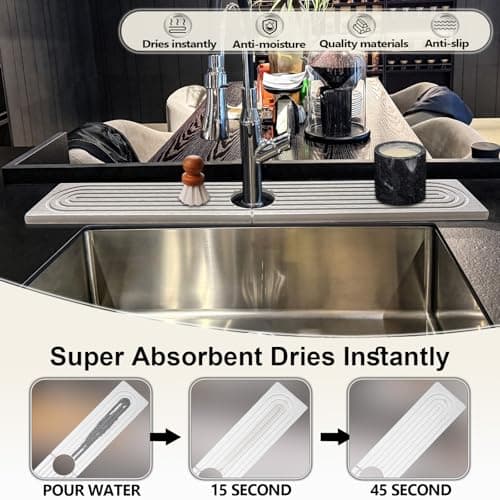 Faucet Mat For Kitchen Sink, 20" Diatomite Absorbent Faucet Mat, Sink Stone Quick Dry Around Faucet, Super Absorbent, Sink Splash Guard For Kitchen Counter (Light Gray) - Thumbnail 3