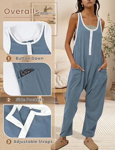 AMEBELLE Jumpsuits for Women Sleeveless Womens Overalls Adjustable Straps Baggy Casual Rompers with Pockets(3071-BlueGrey-M) - Thumbnail 5