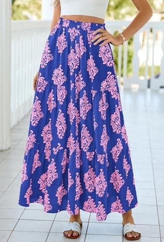 BTFBM Long Skirts for Women Summer 2026 Elastic High Waist Flowy A Line Casual Boho Tiered Floral Maxi Skirt Pockets(Dark Blue Pink Flower, XX-Large) - Thumbnail 2