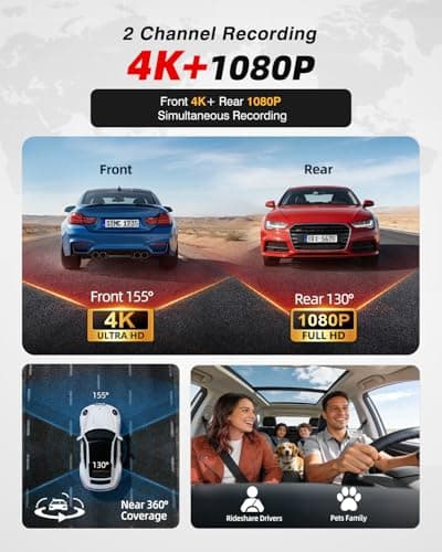 4K Dash Cam Front and Rear, Dash Camera for Cars 2 Channel 5.8GHz WiFi6 HDR Night Vision Dash Cam Built-in GPS, G-Sensor, Loop Recording, 170°Wide Angle, 24H Parking Mode - Thumbnail 2
