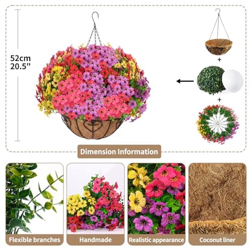 LetuoClips Artificial Hanging Flower for Outdoors, Fake Hanging Basket for Outside,1 Hanging Basket with 13 Pcs Faux Silk Flowers for Porch, Balcony and Patio Decor(Mixed) - Thumbnail 2
