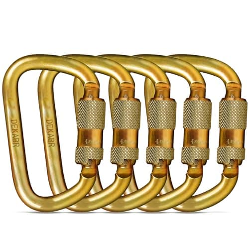 DEKABR Heavy Duty Alloy Steel Auto-Locking Climbing Carabiner - 45KN Twist Lock Carabiner for Rock and Tree Climbing, Quick Release, Rescue, and Mountaineering. ANAB Certified, Large, Gold (5 Pack)