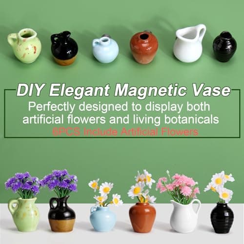 Mini Vase Magnets for Fridge 6PCS - 3D Ceramic Tiny Plant Vase Magnets Fridge Decoration Set Design for Refrigerator, Lockers & Office Spaces (6PCS, with Flower) - Thumbnail 2