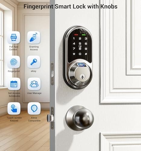 Veise RZ07C Smart Locks for Front Door, 2 Knob Handle Set, Fingerprint Keyless Entry, App Control Biometric Lock, Electronic Digital Touchscreen Keypad Deadbolt, Easy Install, Auto Lock, Satin Nickel - Thumbnail 4